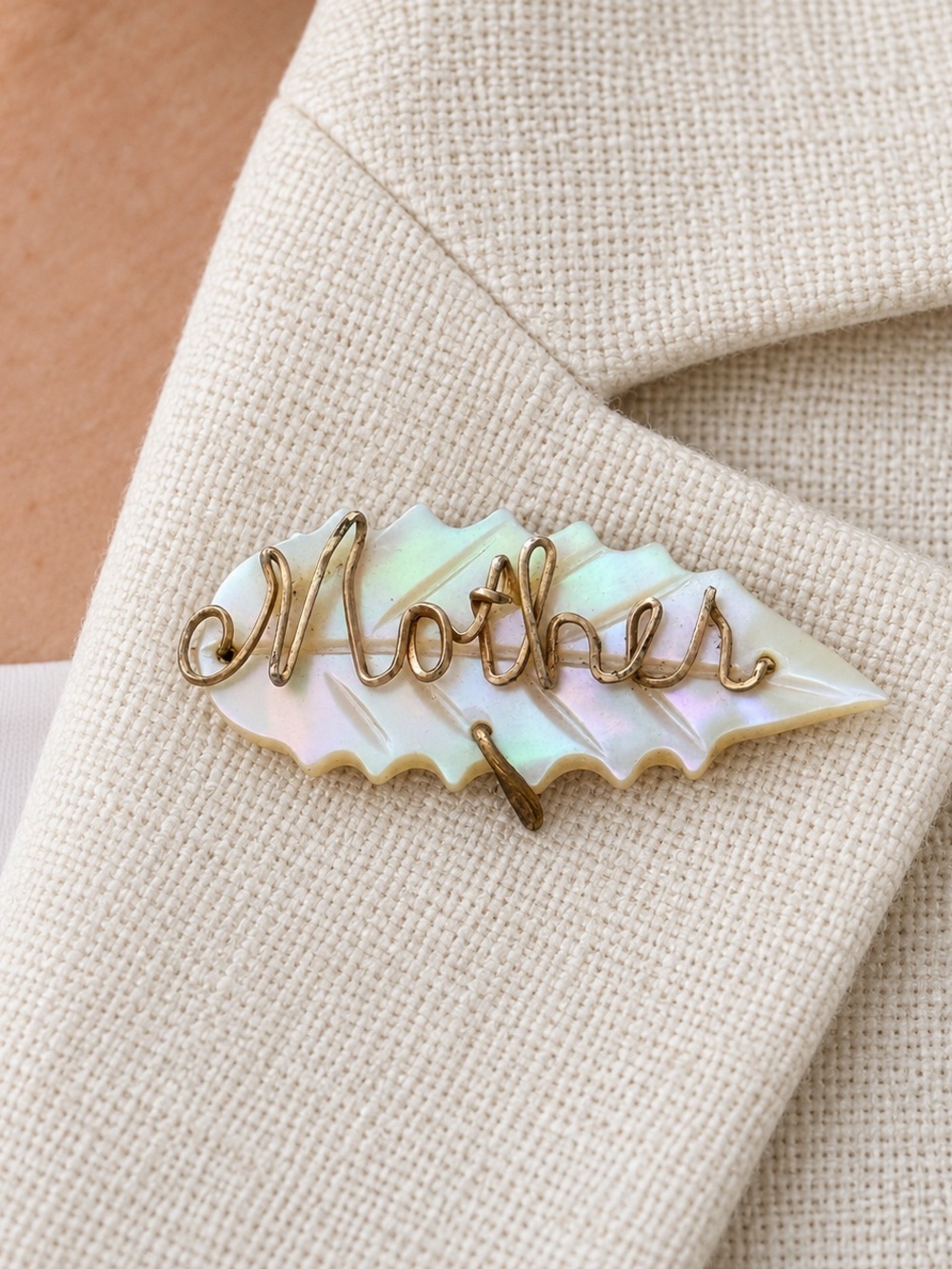 Mother Script Leaf Brooch – Iridescent White and Gold-Tone